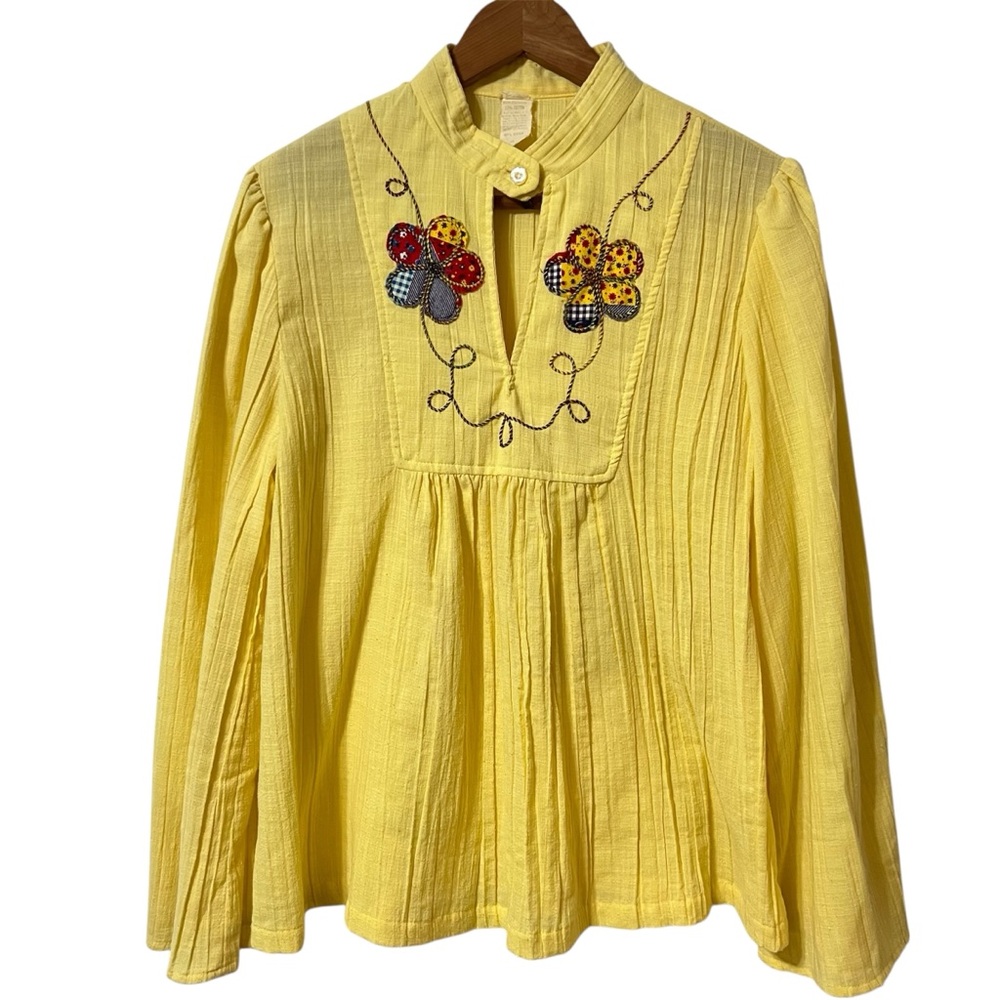 Vintage 60’s 70’s Yellow Embroidered Floral Boho Cottagecore Whimsical Tunic M
